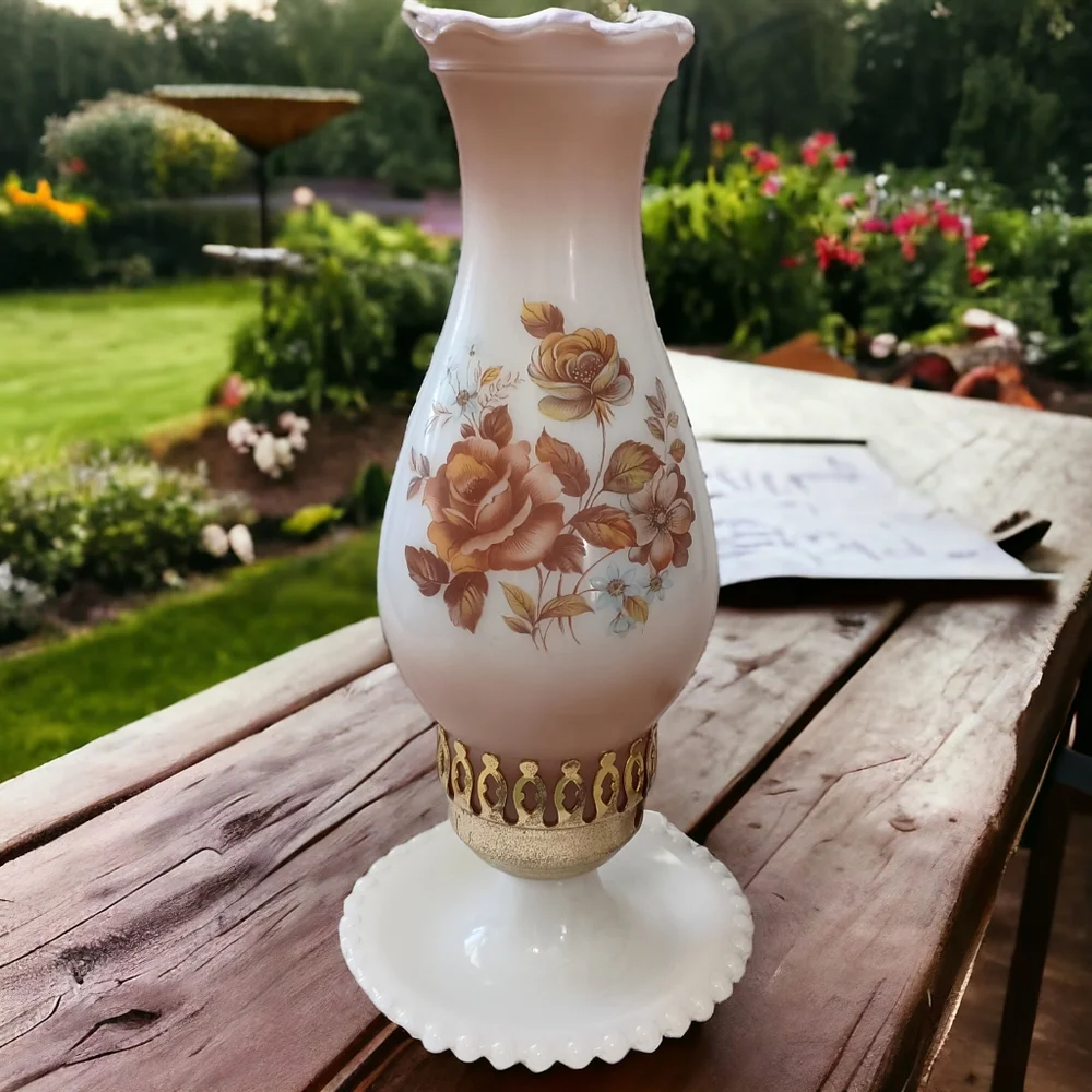 Milk Glass Hurricane Lamp Boudoir Bedside Table Light Floral Hobnail Edge Vtg. - Picture 1 of 16
